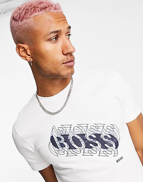 BOSS – Athleisure Tee 3 – Weißes T-Shirt mit großem, diagonalem Logo günstig online kaufen