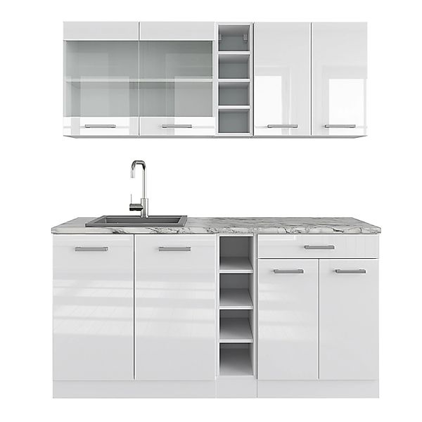 Vicco R-Line Singleküche Weiß Hochglanz/Weiß 160 cm AP Marmor günstig online kaufen