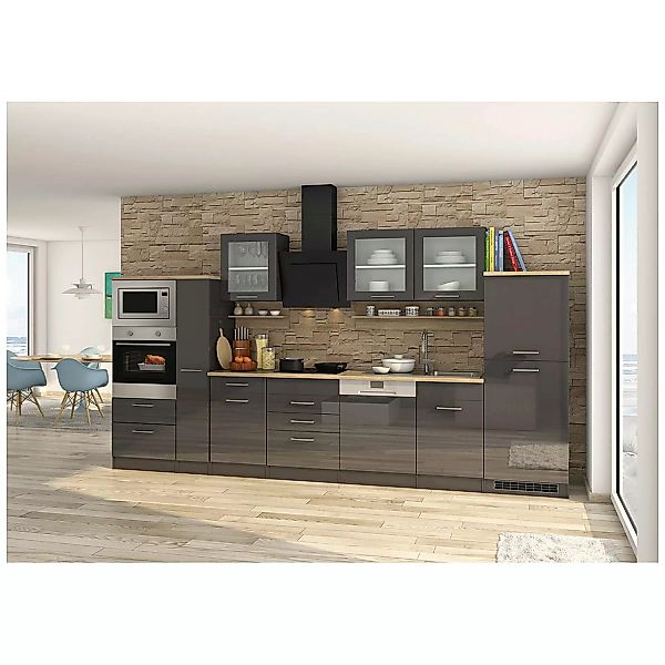 Küchenzeile komplett 370 cm grau mit Design-Glashaube MARANELLO-03 inkl. E- günstig online kaufen