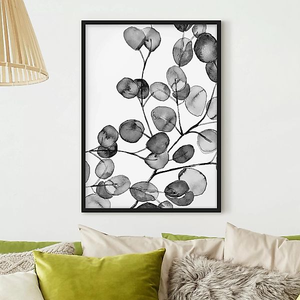 Bild mit Rahmen Schwarz Weiß Aquarell Eukalyptuszweig günstig online kaufen