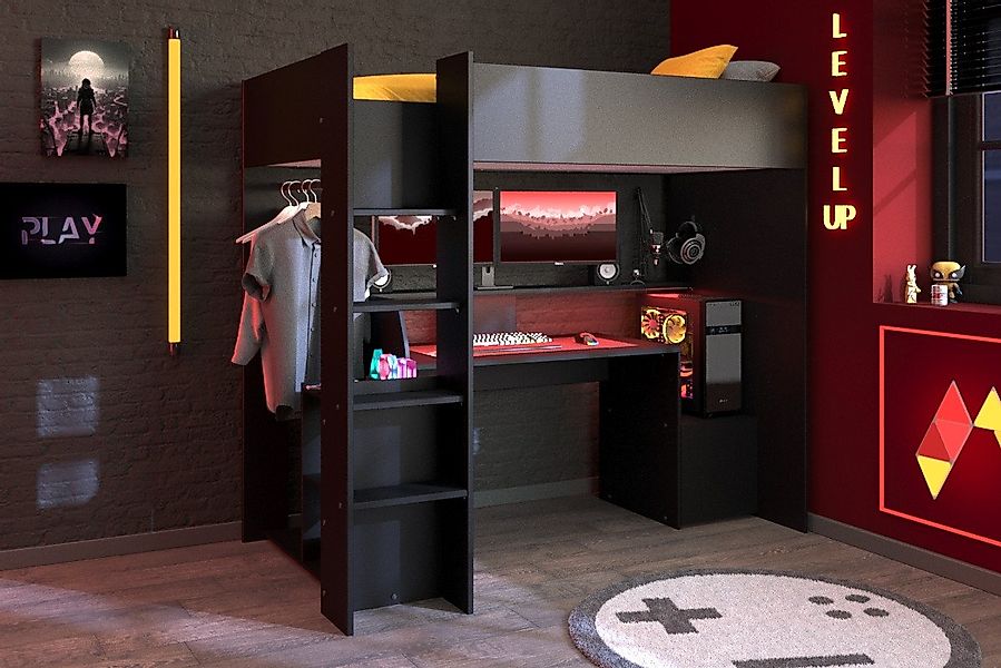 Parisot Hochbett Meddox mit LED & integriertem Gaming‑Arbeitsplatz (Gesamta günstig online kaufen