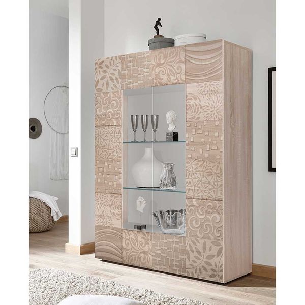 Esszimmer Vitrine in Sonoma Eiche Siebdruck verziert günstig online kaufen