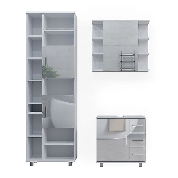 Vicco Badmöbel-Set Ilias Weiß Hochglanz 3 Teile mit Hochschrank günstig online kaufen