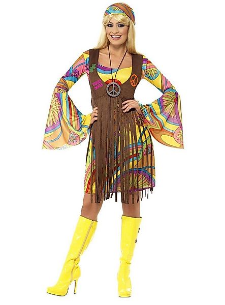 Smiffys Hippie-Kostüm Groovy Hippie - Party Kleid Kostüm für Fasching, Peac günstig online kaufen