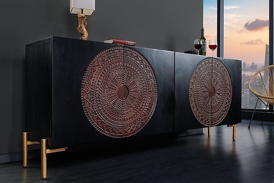 riess-ambiente Sideboard MANDALA 160cm schwarz / gold · Massivholz-Kommode günstig online kaufen