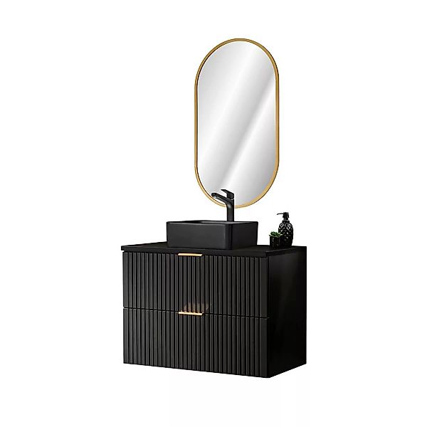Waschplatz Set, 80cm breit, ovaler LED Spiegel, schwarz matt gerillt, ADELA günstig online kaufen