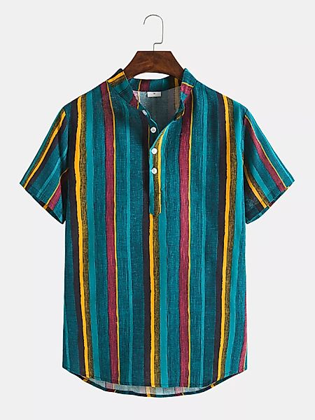 Mens Multi Color Stripe Stehkragen Kurzarm Henley Shirts günstig online kaufen