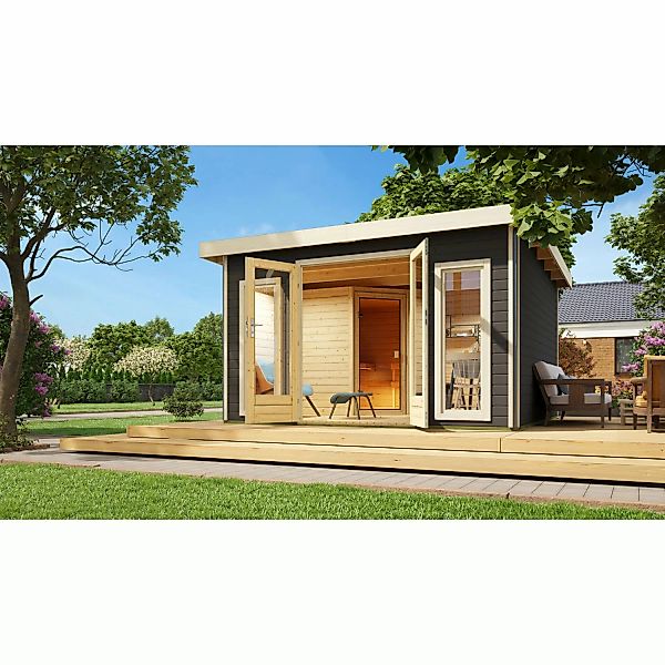 Karibu Saunahaus Magnus 3 Set A Terragrau mit Ofen 9 kW ext. Strg. günstig online kaufen