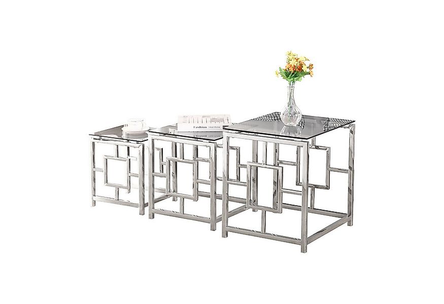 JYMTOM Couchtisch 3er Set aus Edelstahlgestell und Hartglas für Wohnzimmer günstig online kaufen