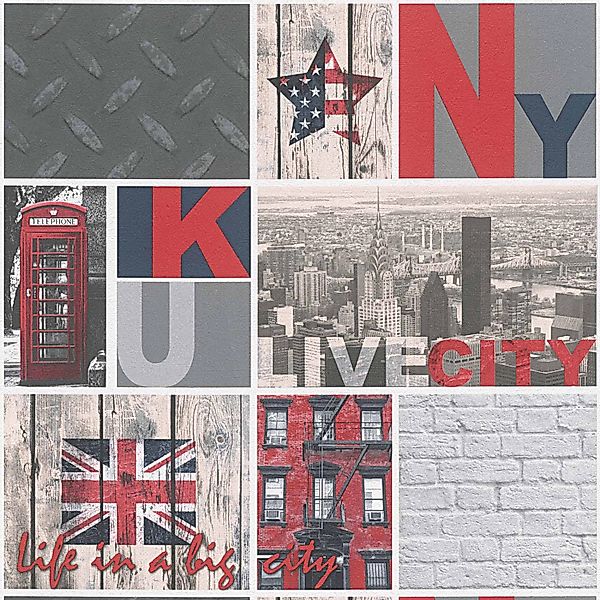 Bricoflor Retro Tapete mit New York Schriftzug Kindertapete in Grau und Rot günstig online kaufen