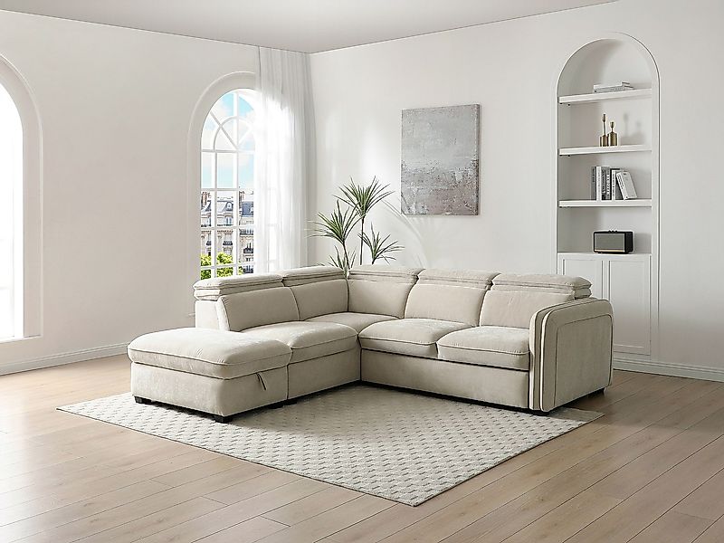 Ecksofa mit Schlaffunktion und Hocker - Stoff - Beige - BALOTIA günstig online kaufen