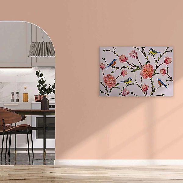 Bricoflor Leinwand Bild Mit Blumen Und Vogel Wandbild Mit Magnolie Und Meis günstig online kaufen