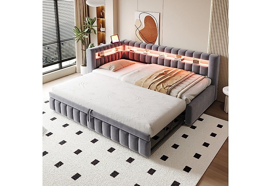 Flieks Daybett, Polsterbett Schlafsofa mit Ausziehbett 90/180x200cm mit LED günstig online kaufen