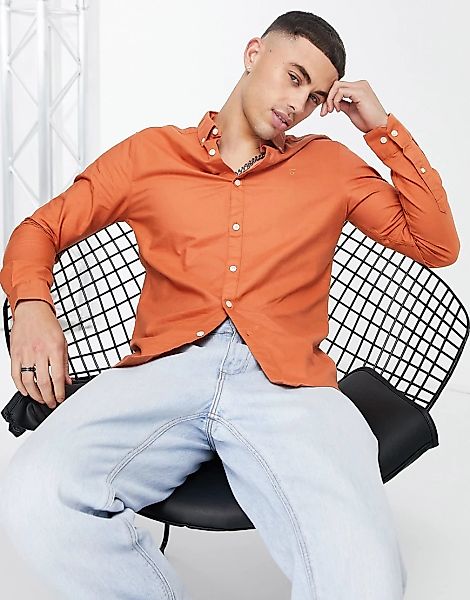 Farah – Langärmliges Hemd mit schmalem Schnitt in Orange günstig online kaufen