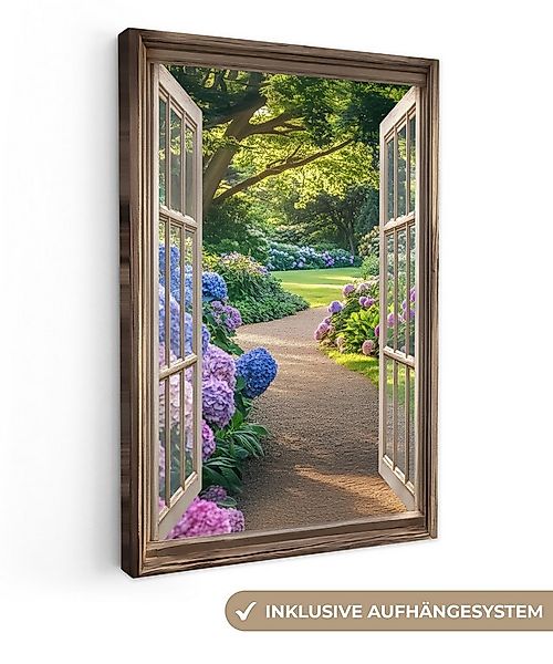 OneMillionCanvasses® Leinwandbild Aussicht - Garten - Fenster - Hortensie - günstig online kaufen