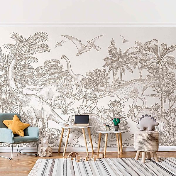 Bilderdepot24 Kindertapete Dinosaurier Welt Sepia Illustration günstig online kaufen