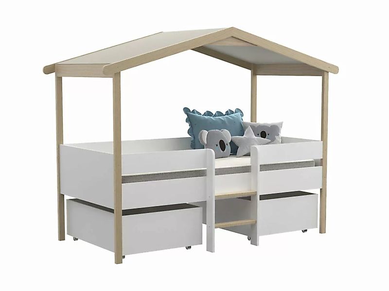 Kinderbett Hausbett mit Schubladen - Lindenholz - 90 x 190 cm - Weiß & Eich günstig online kaufen