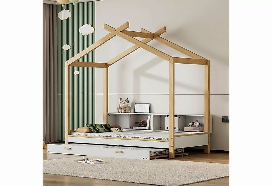 IDEASY Hausbett Robuste 90x200cm Holzbett mit 4 Regalfächern, ausziehbarem günstig online kaufen