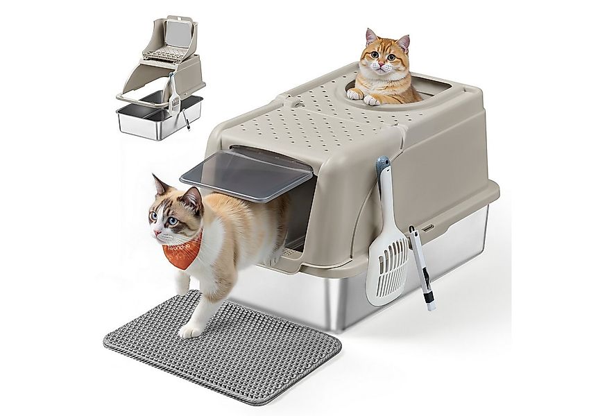 FEANDREA Katzentoilette, Edelstahl, XL, mit Deckel, 2 Eingängen günstig online kaufen