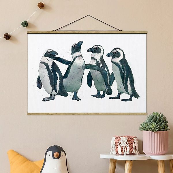 Stoffbild Tiere mit Posterleisten - Querformat Illustration Pinguine Schwar günstig online kaufen