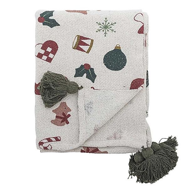 Wolldecke Bloomingville Decke YULE Natur Weihnachtsmotiv Quasten Grün 160x1 günstig online kaufen