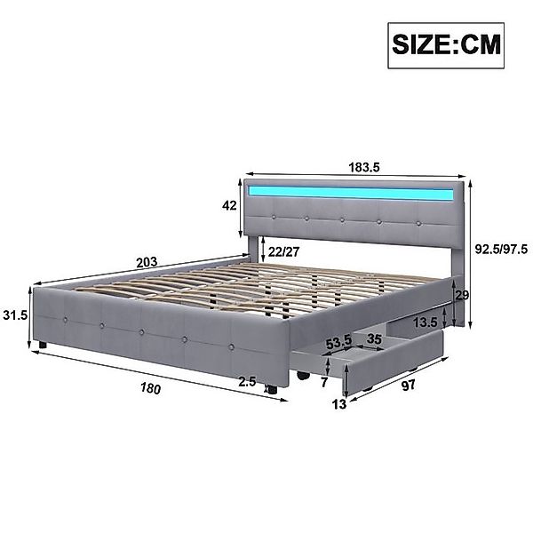STILVORA Polsterbett 180x200 Bettgestell mit Stauraum & LED,Jugendbett ohne günstig online kaufen