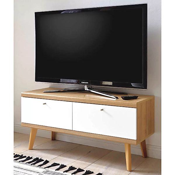 Lomadox Retro TV-Lowboard mit 2 Klappen MAINZ-61 weiß matt mit Eiche Rivier günstig online kaufen