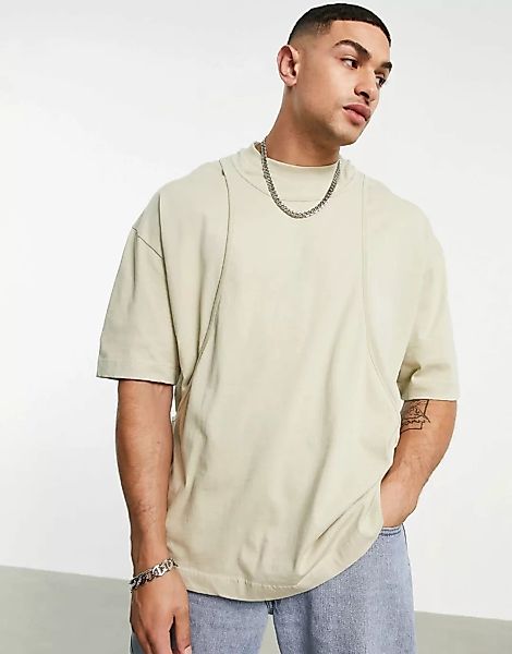 ASOS DESIGN – Übergroßes, zweilagiges T-Shirt in verwaschenem Khaki-Grün günstig online kaufen