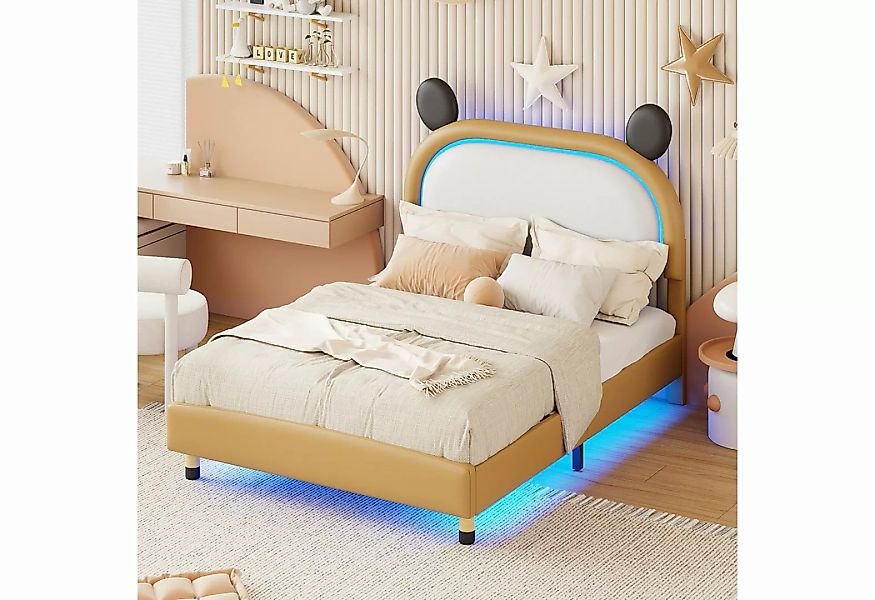 Flieks Polsterbett, LED Kinderbett mit höhenverstellbarem Bär-Form Kopfteil günstig online kaufen