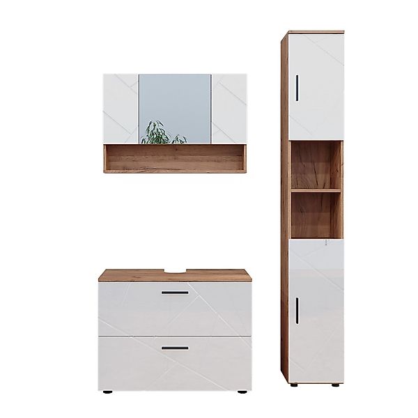 Vicco Badmöbel-Set Irma, Eiche/Weiß Hochglanz, 3 Teile, mit Spiegelschrank günstig online kaufen