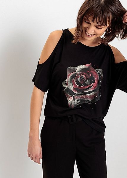 bonprix T-Shirt Cold-Shoulder-Design, Halbarm, lässige Passform, mit Blumen günstig online kaufen
