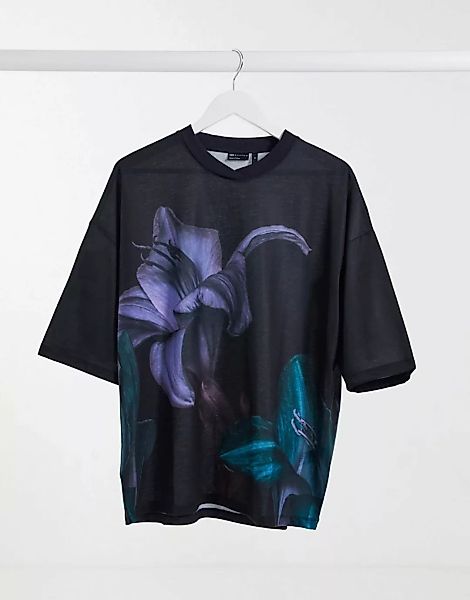 ASOS DESIGN – Oversize-T-Shirt in Schwarz mit großem Blumen-Print günstig online kaufen