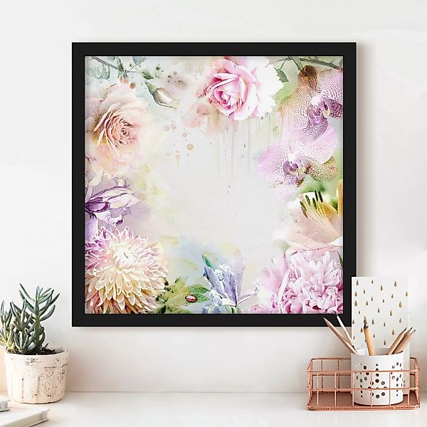 Bild mit Rahmen Blumen - Quadrat Aquarell Blütenmix Pastell günstig online kaufen