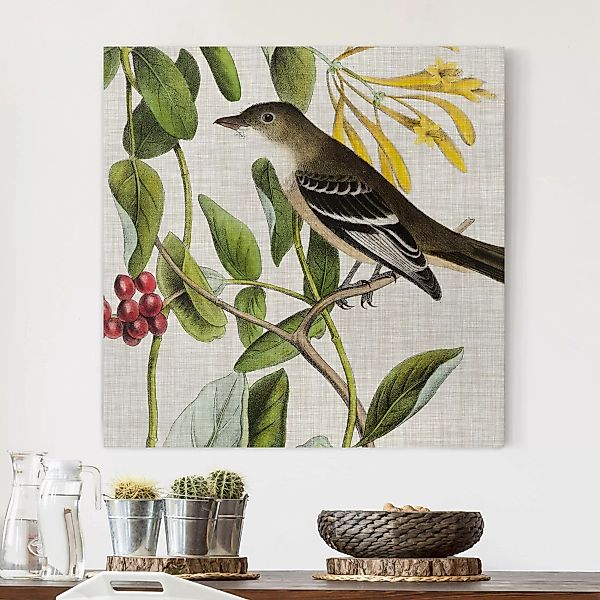 Leinwandbild Blumen - Quadrat Vogel auf Leinen Gelb II günstig online kaufen