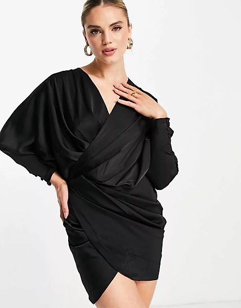ASOS DESIGN – Tief ausgeschnittenes Minikleid in Schwarz mit Drapierungen u günstig online kaufen