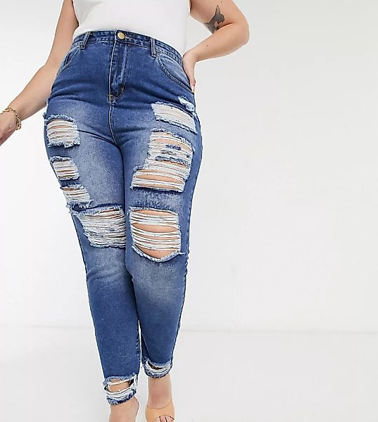 Yours – Utlimate – Blaue Mom-Jeans in Used-Optik günstig online kaufen