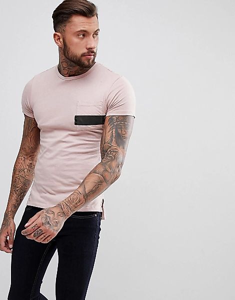 Religion – T-Shirt mit Stufensaum und gestreifter Tasche-Rosa günstig online kaufen