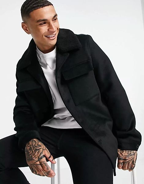 ASOS DESIGN – Jacke aus Wollmischung in Schwarz mit kontrastierendem Teddyf günstig online kaufen