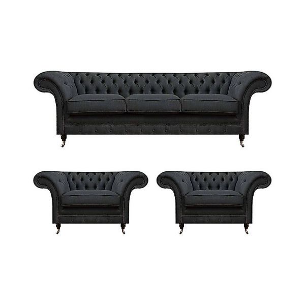 JVmoebel Sofa Graue Chesterfield Bettfunktion Sofa Textil 2x Sessel 3tlg Se günstig online kaufen