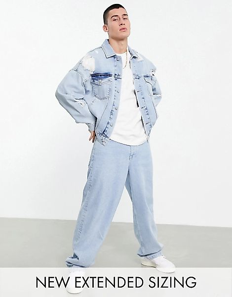 ASOS DESIGN – Oversize-Jeansjacke mit Zierrissen in verwaschenem Hellblau günstig online kaufen