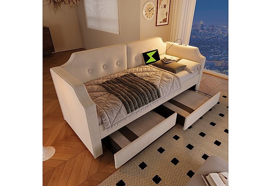 Flieks Daybett, Polsterbett Schlafsofa 90x200cm 2 Schubladen/ Leselicht/ La günstig online kaufen