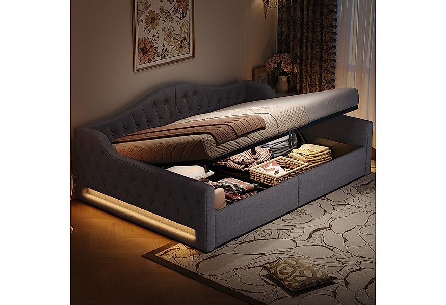 i@home Daybett 140x200 gepolstert mit LED & Stauraum, Beige/Grau, Polsterbe günstig online kaufen