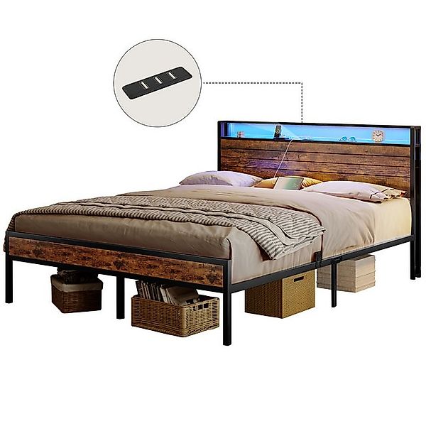 MSMASK Bettgestell Vintage Braun Metallbett mit 3 USB-Anschlüssen und LED B günstig online kaufen