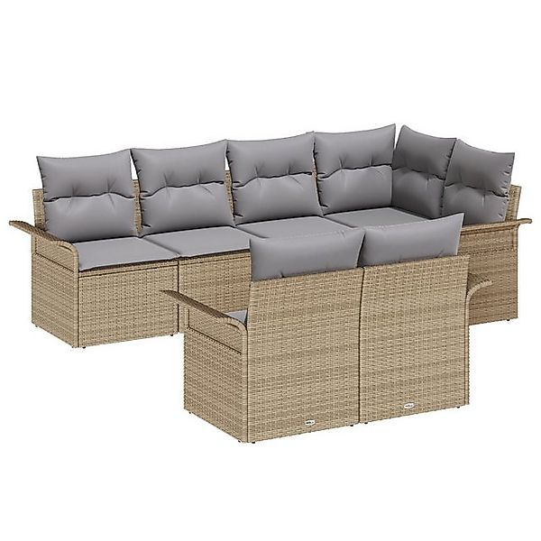 vidaXL Loungesofa 7-teiliges Garten-Sofa-Set mit Kissen Beige Poly-Rattan, günstig online kaufen
