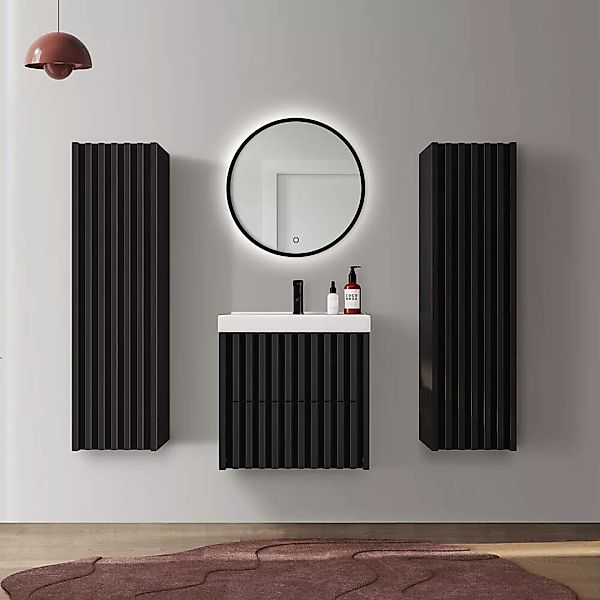 Badezimmermöbel Set 4-teilig mit LED-Spiegel NANTES-107 in schwarz mit Lame günstig online kaufen