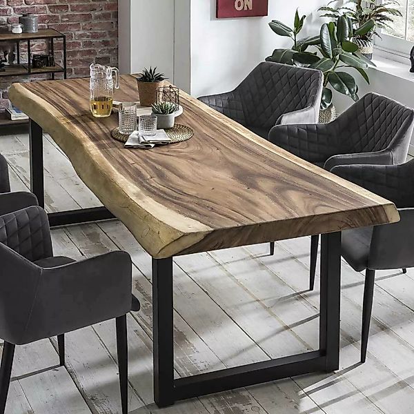 Baumkanten Tisch aus Suar Massivholz und Stahl Loft Design günstig online kaufen
