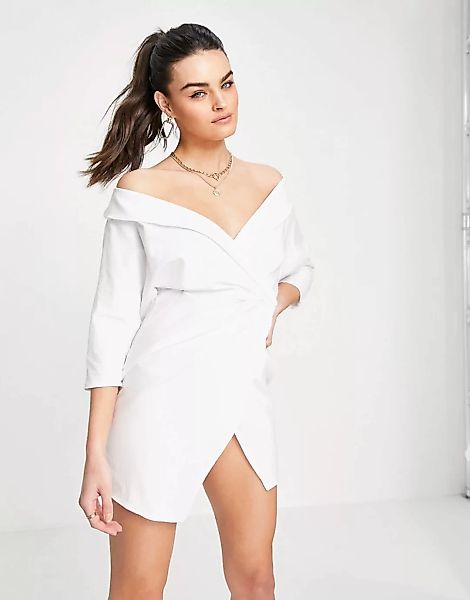 ASOS DESIGN – Schulterfreies Mini-Hemdkleid in Weiß mit Wickelrock günstig online kaufen
