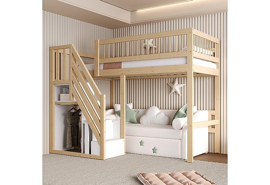 Flieks Hochbett Massivholz Einzelbett Kinderbett 90x200cm mit Stauraumtrepp günstig online kaufen