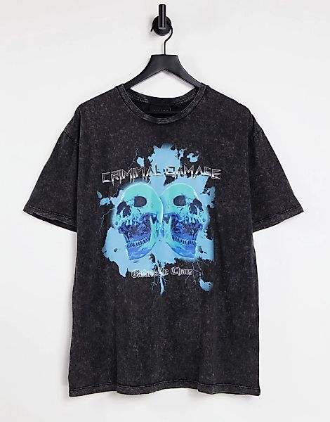 Criminal Damage – Chaos – T-Shirt mit Print in verwaschenem Schwarz günstig online kaufen