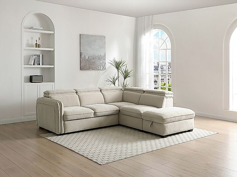Ecksofa mit Schlaffunktion und Hocker - Stoff - Beige - BALOTIA günstig online kaufen